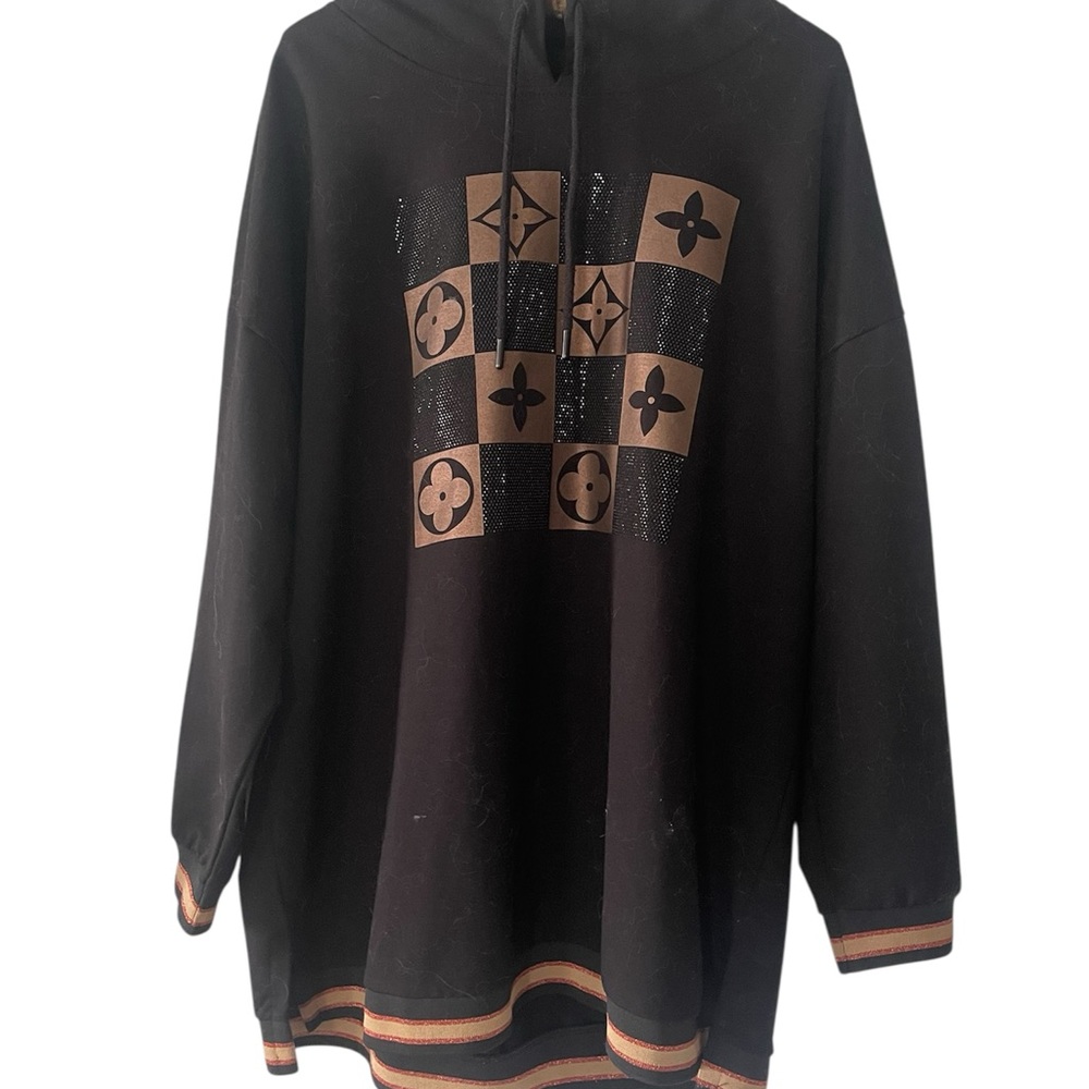 Black Oversized Hoodie with Brown Checker Logo Detail